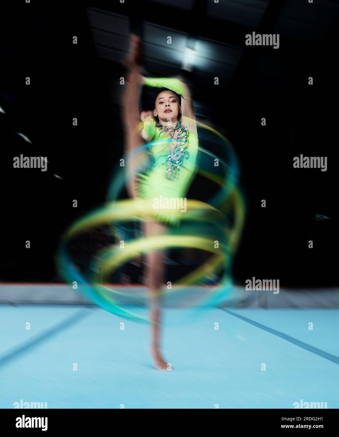 Gymnastics sports and woman with ribbon dance for rhythmic movement training and exercise in gym. Creative performance aerobics and portrait of Stock Photo Alamy