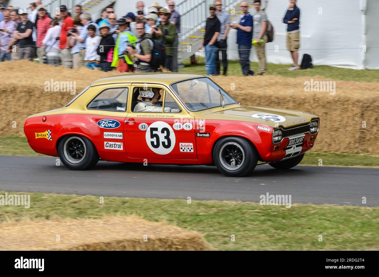 Ford Escort Mk1 race car racing up the hill climb at the Goodwood Festival of Speed. XOO 349F, the 1968 British Saloon Car Championship-winner Stock Photo