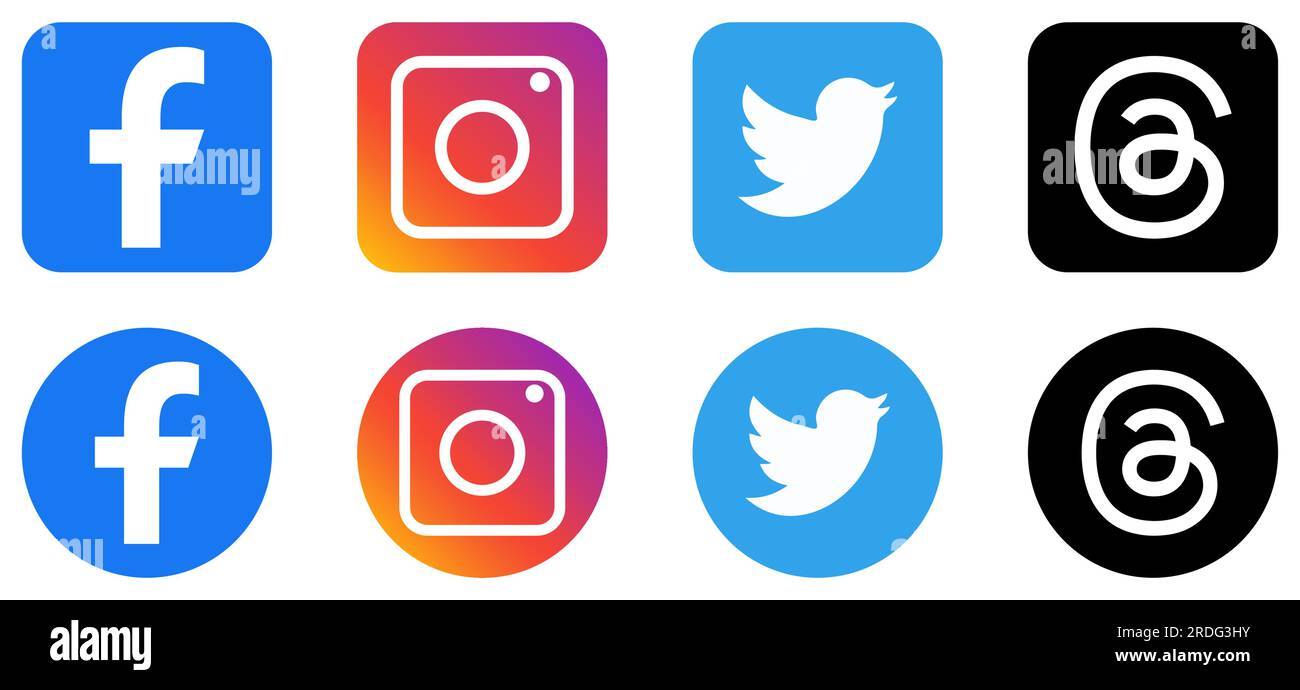 Social media apps logo set. Facebook, Instagram, Twitter, Threads ...