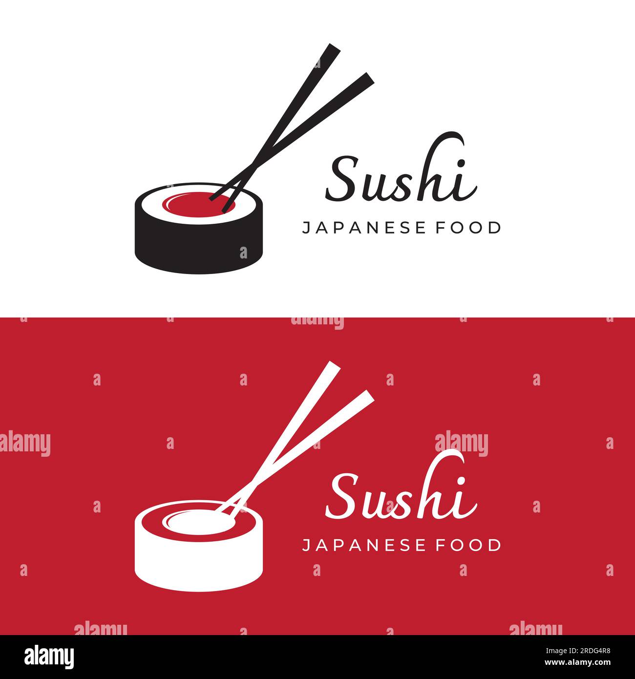 Sushi logo template.Seafood or traditional japanese cuisine with salmon, delicious food.Logo for Japanese restaurant, bar, sushi shop. Stock Vector