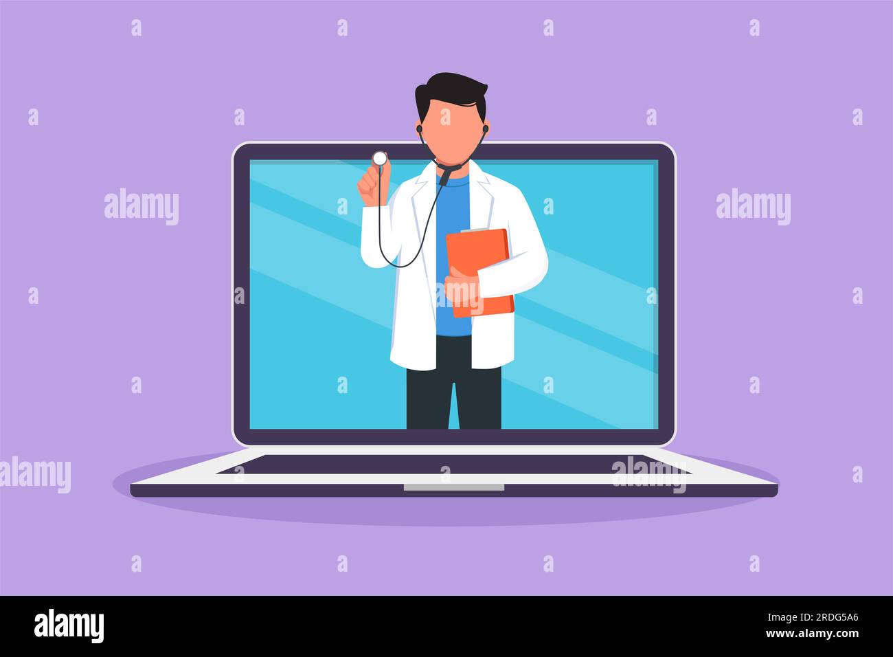 Cartoon flat style drawing female doctor comes out of laptop computer