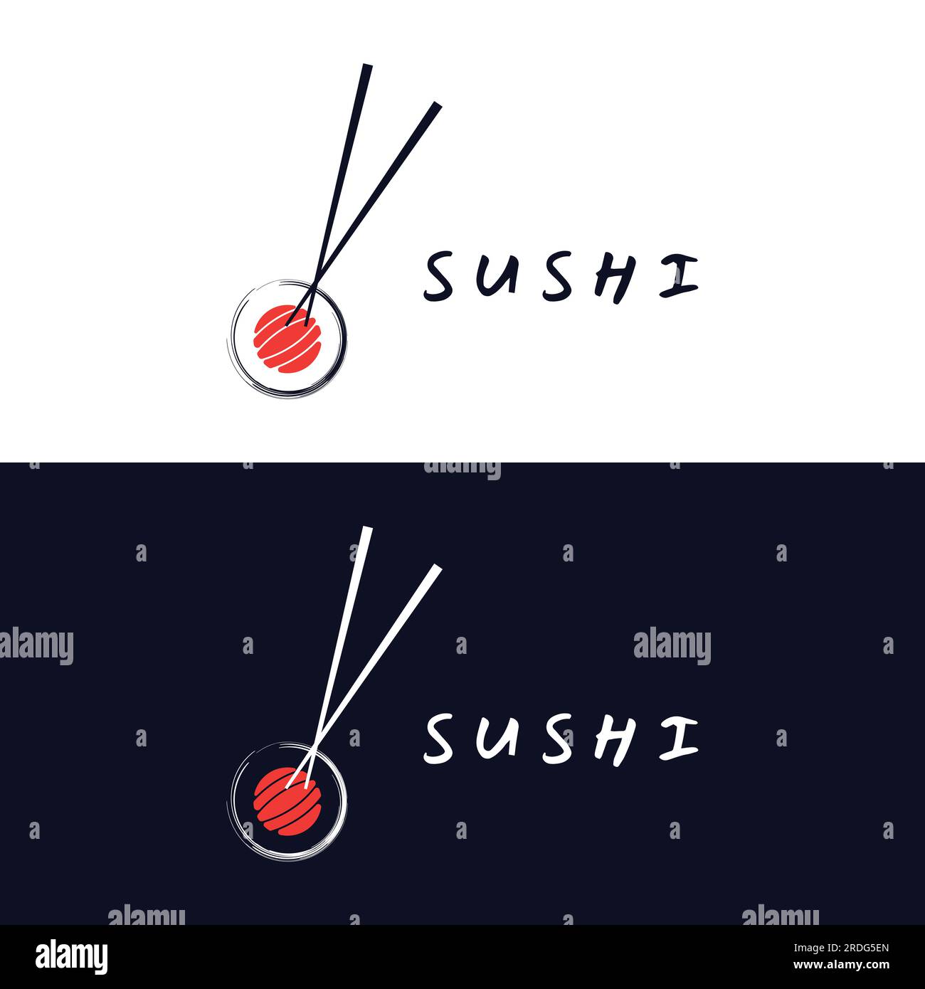 Sushi logo template.Seafood or traditional japanese cuisine with salmon, delicious food.Logo for Japanese restaurant, bar, sushi shop. Stock Vector