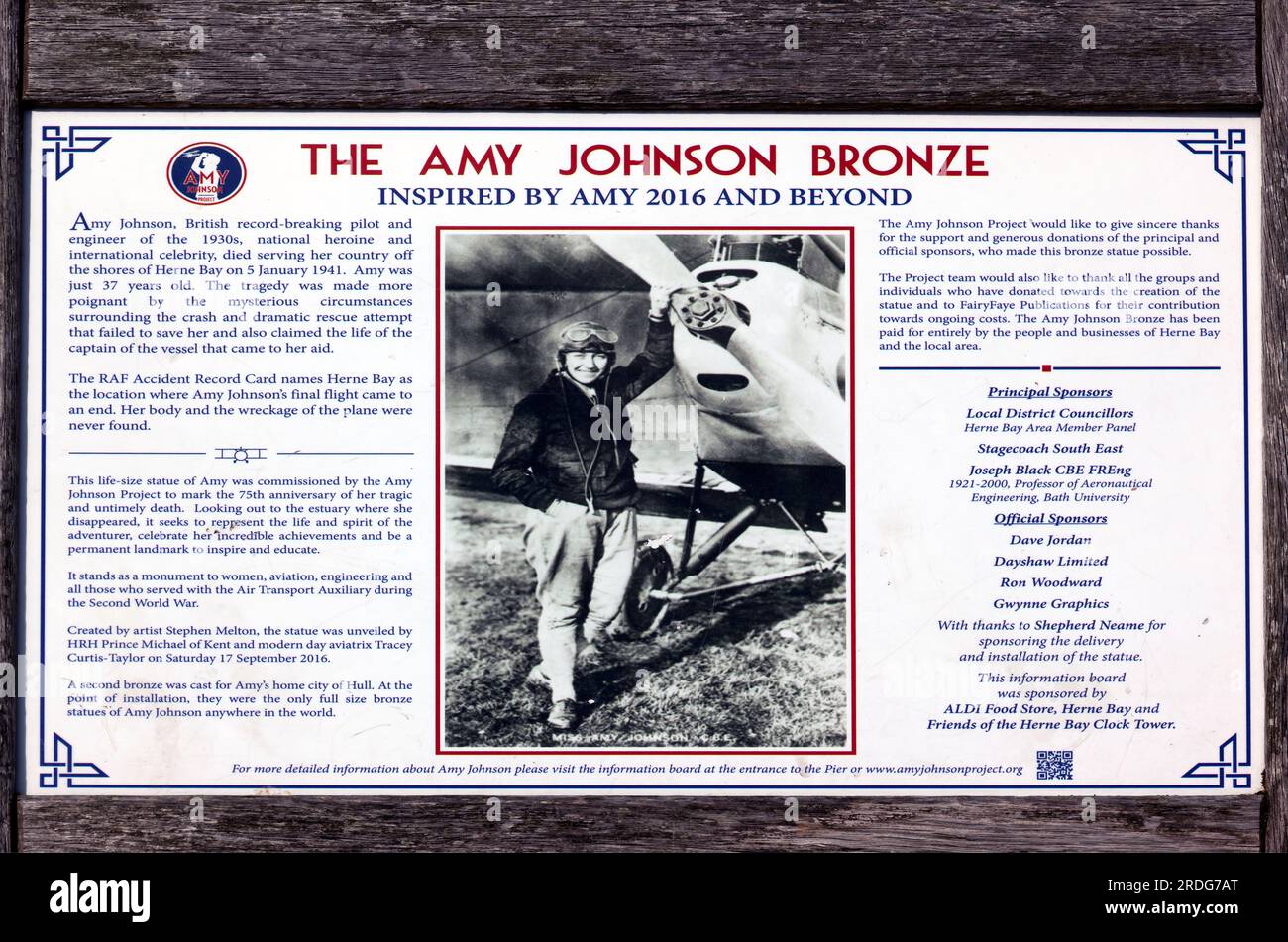 Close-up of a  Plaque about the Amy Johnson Bronze statue, on Herne Bay Seafront, Thanet, Kent Stock Photo