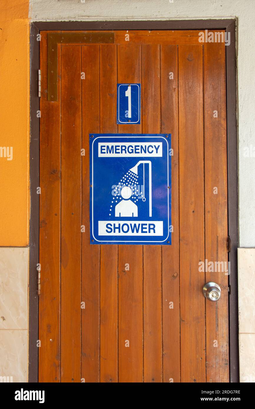 Closed door with Emergency shower sign Stock Photo Alamy