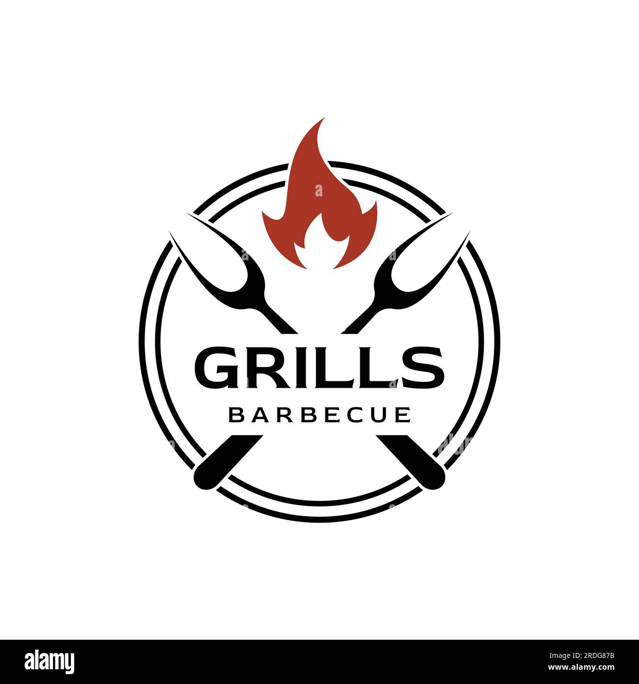 Grilled barbecue typography logo with crossed fire and spatula. Logo