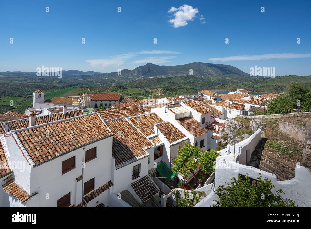 Aerial view of Zahara de la Sierra White Houses and Chapel of San Juan ...