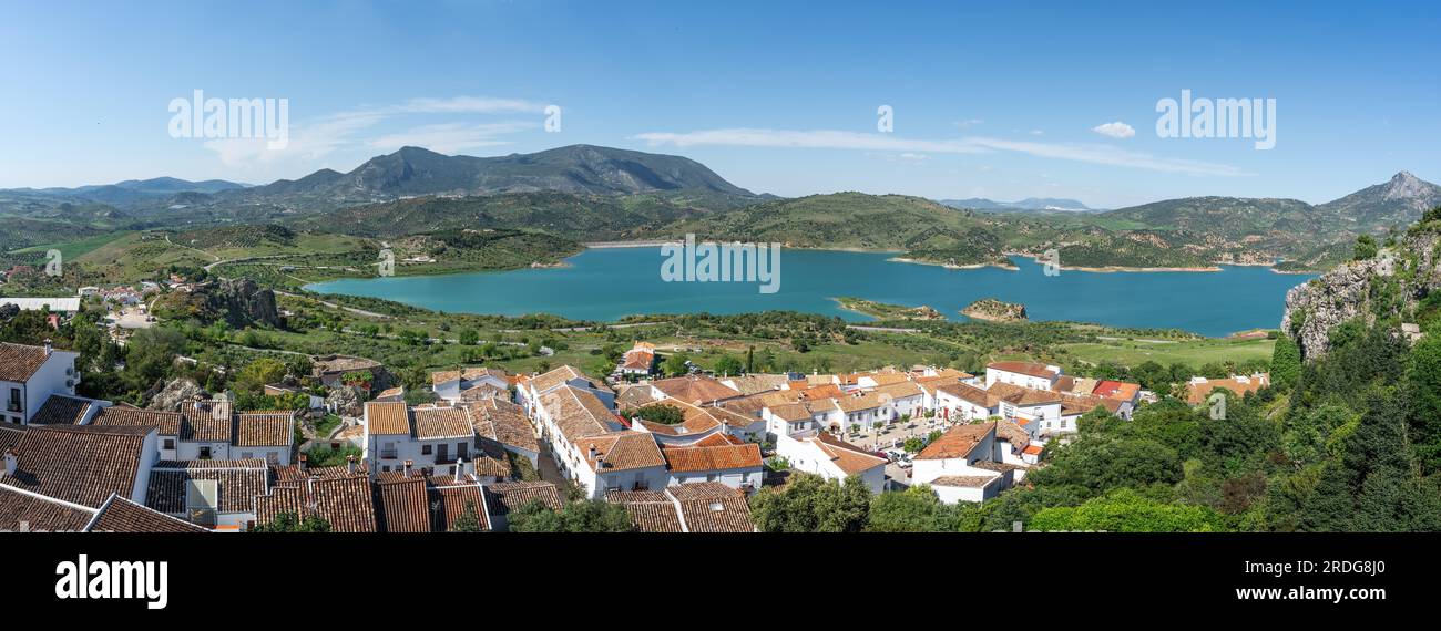 Panoramic Aerial view of Reservoir Lake with Sierra de Lijar Mountains ...