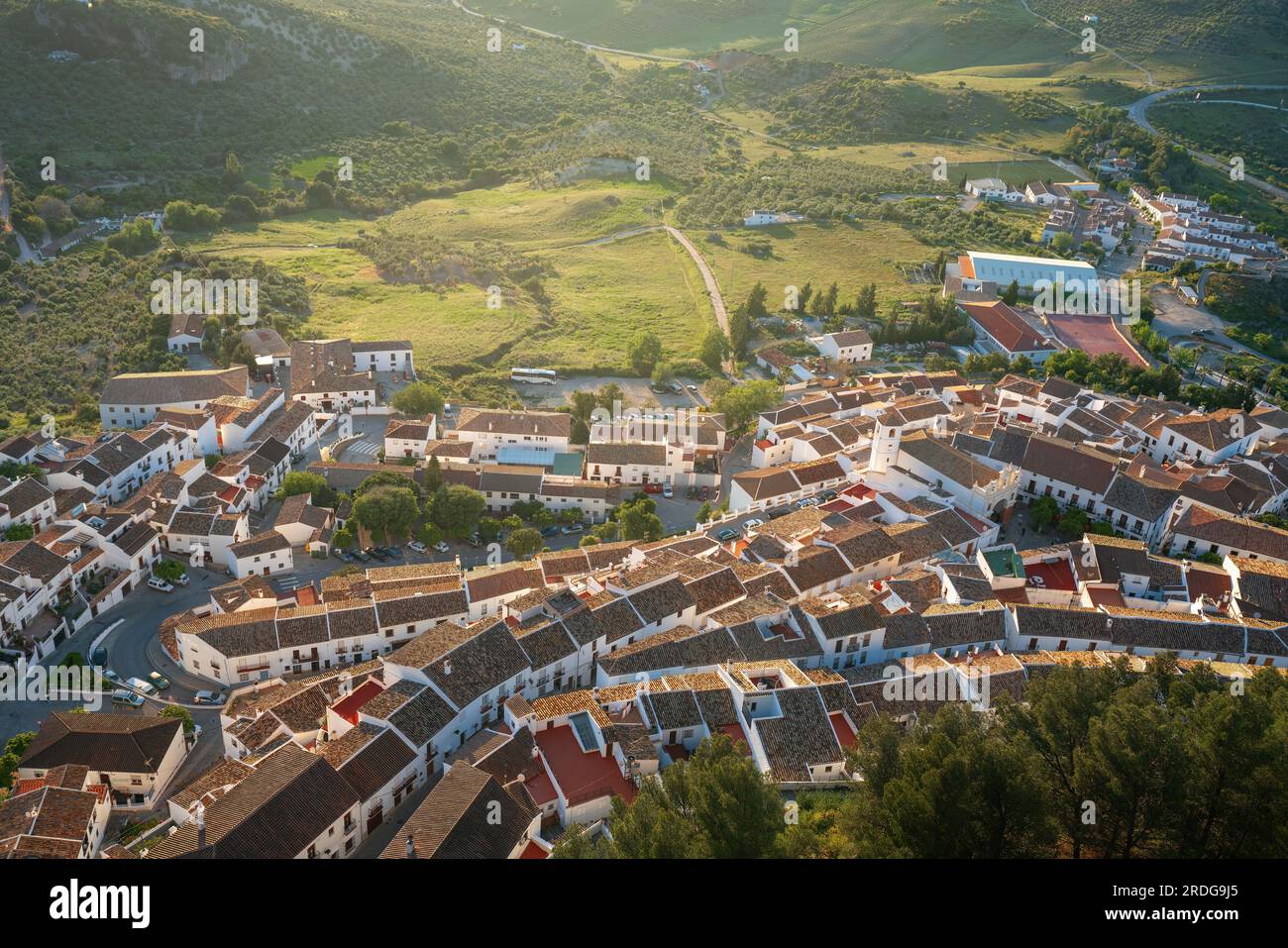 Aerial view of Zahara de la Sierra white houses - Zahara de la Sierra, Andalusia, Spain Stock Photo