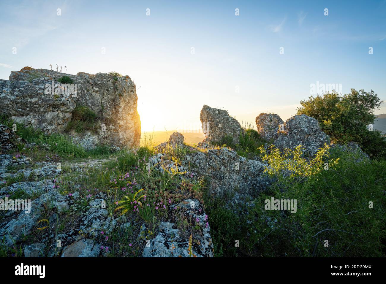 Mountain Rocks at sunset - Zahara de la Sierra, Andalusia, Spain Stock Photo