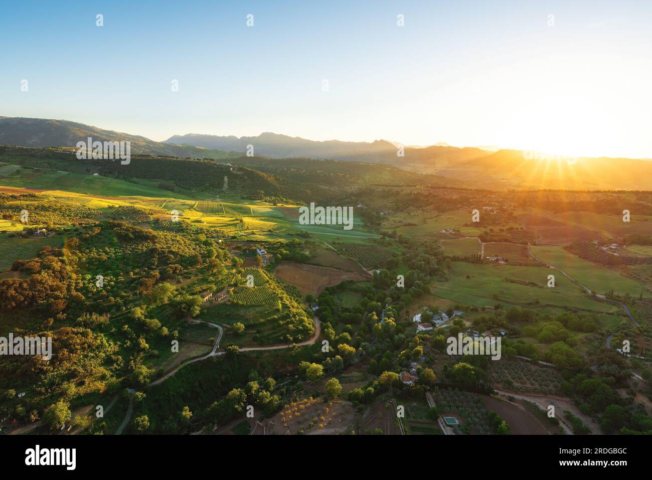 Aerial view of Ronda Valley at sunset - Ronda, Andalusia, Spain Stock Photo