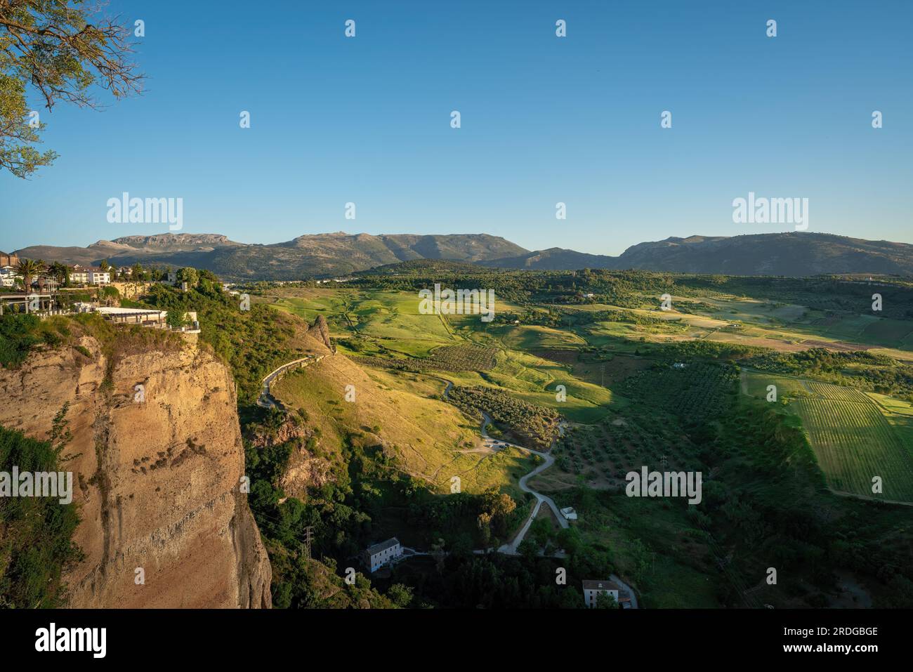 Aerial view of Ronda Valley with Sierra del Oreganal and Sierra Blanquilla Mountains - Ronda, Andalusia, Spain Stock Photo