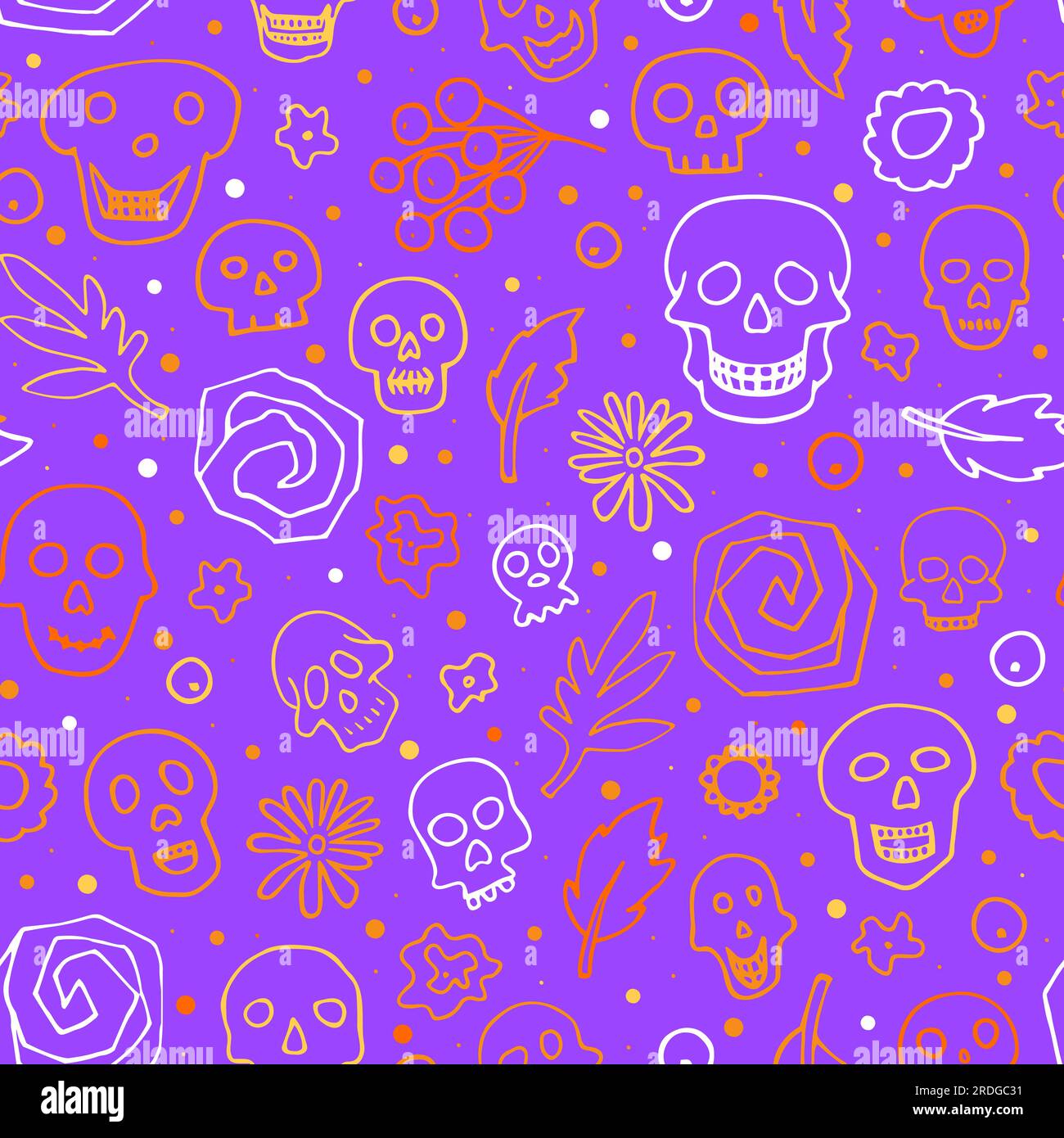 Doodle Halloween sculls, flower seamless pattern. Skeleton, plant on violet background. Hand-drawn el dia de los Muertos. Mystical character. Vector i Stock Vector