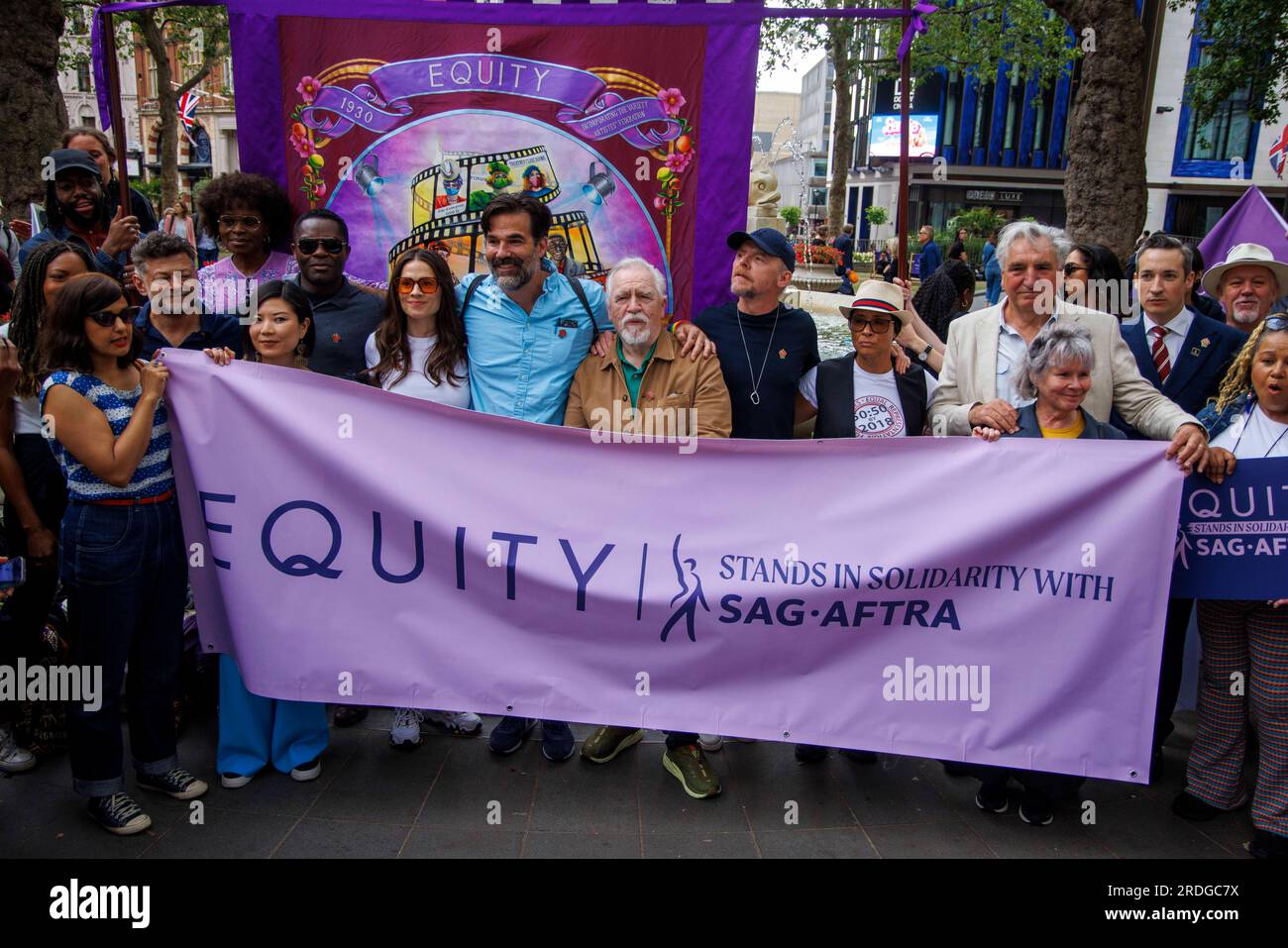 London, UK. 21st July, 2023. Actors including Hayley Atwell, Brian Cox, Jim Carter, Imelda Staunton, Simon Pegg Equity rally in solidarity with SAG-AFTRA members. Actors, writers and Equity members gather in Leicester Sqaure, London, under the statue of William Shakespeare. Credit: Mark Thomas/Alamy Live News Stock Photo