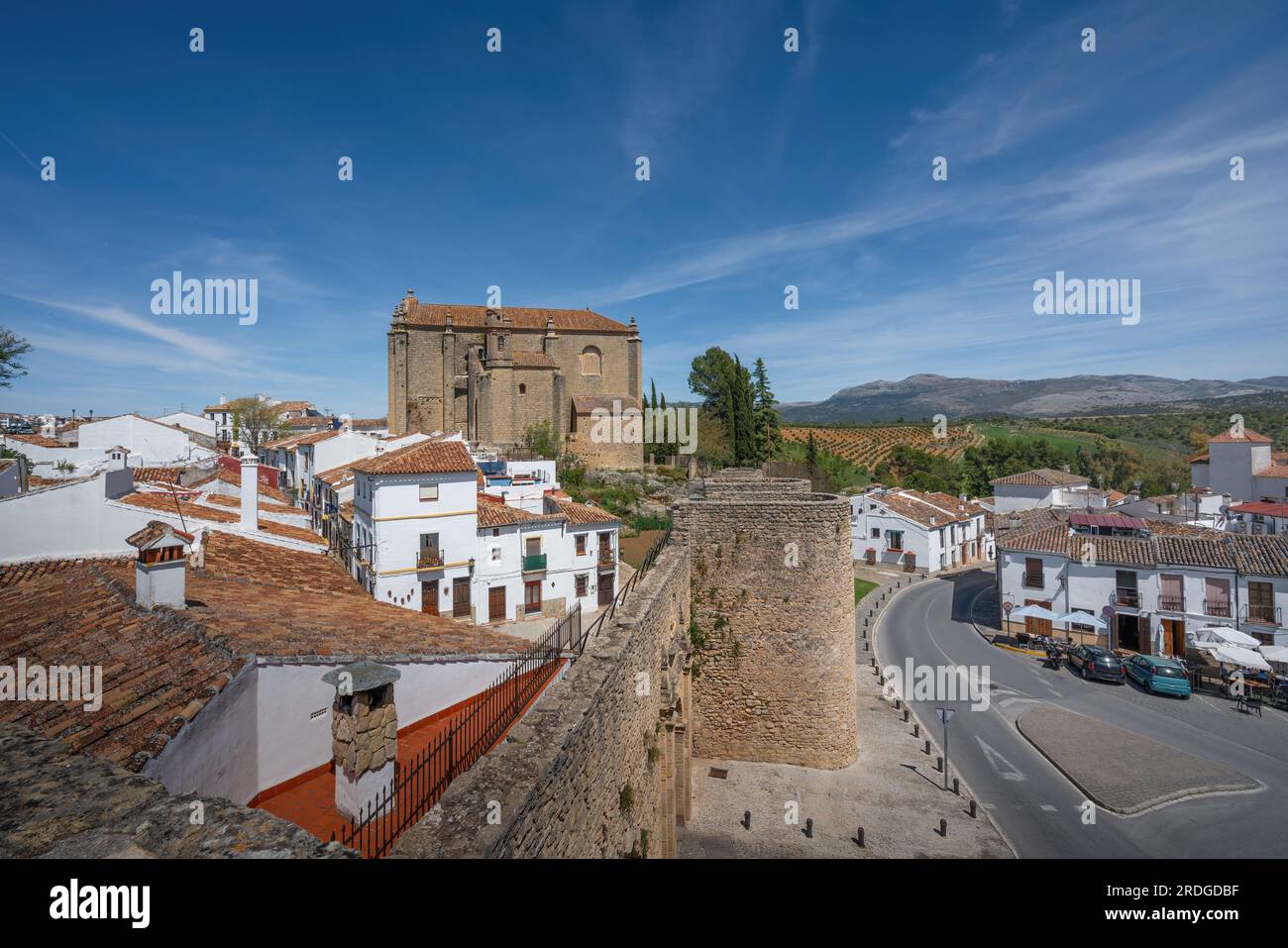 Puerta de Almocabar Gate and Walls and Holy Spirit Church (Iglesia del Espiritu Santo) - Ronda, Andalusia, Spain Stock Photo