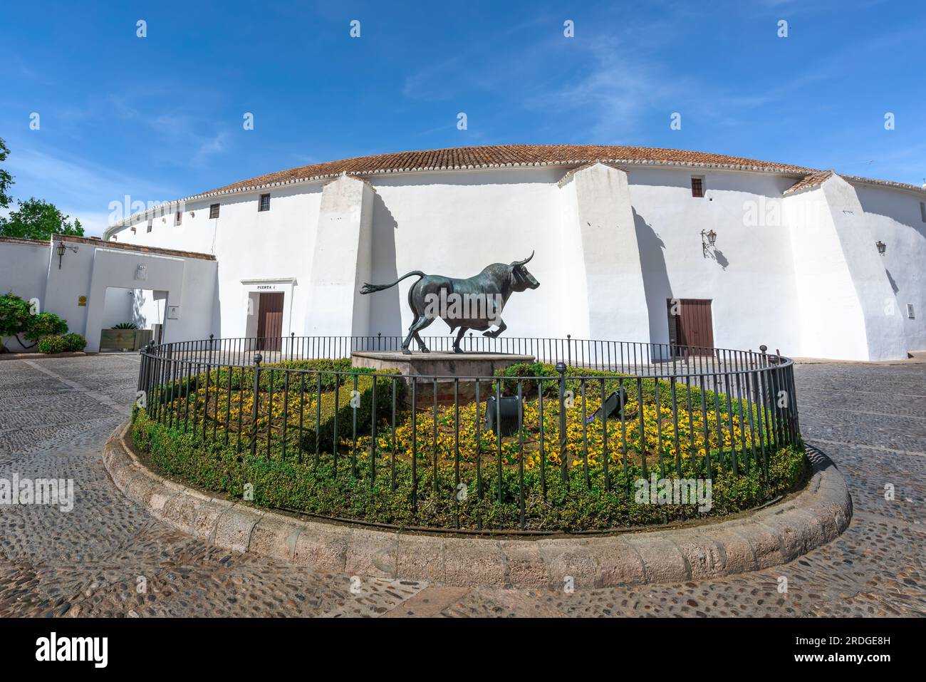 Plaza de Toros (Ronda Bullring) and Monument to Spanish Fighting Bull - Ronda, Andalusia, Spain Stock Photo