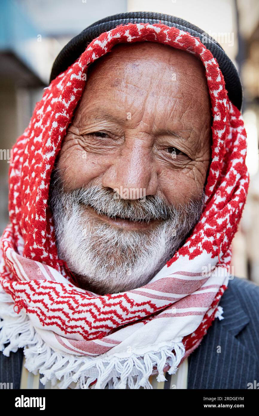 Portrait of old Jordanian man wearing Keffiyeh, Amman, Jordan Stock