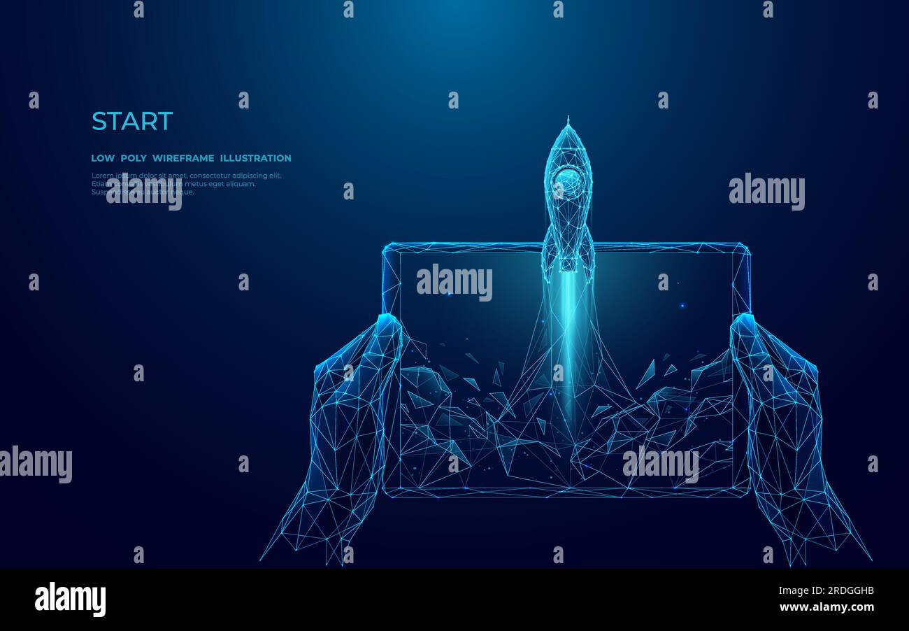 Digital close-up human hand holding tablet with abstract launching rocket. Stock Vector