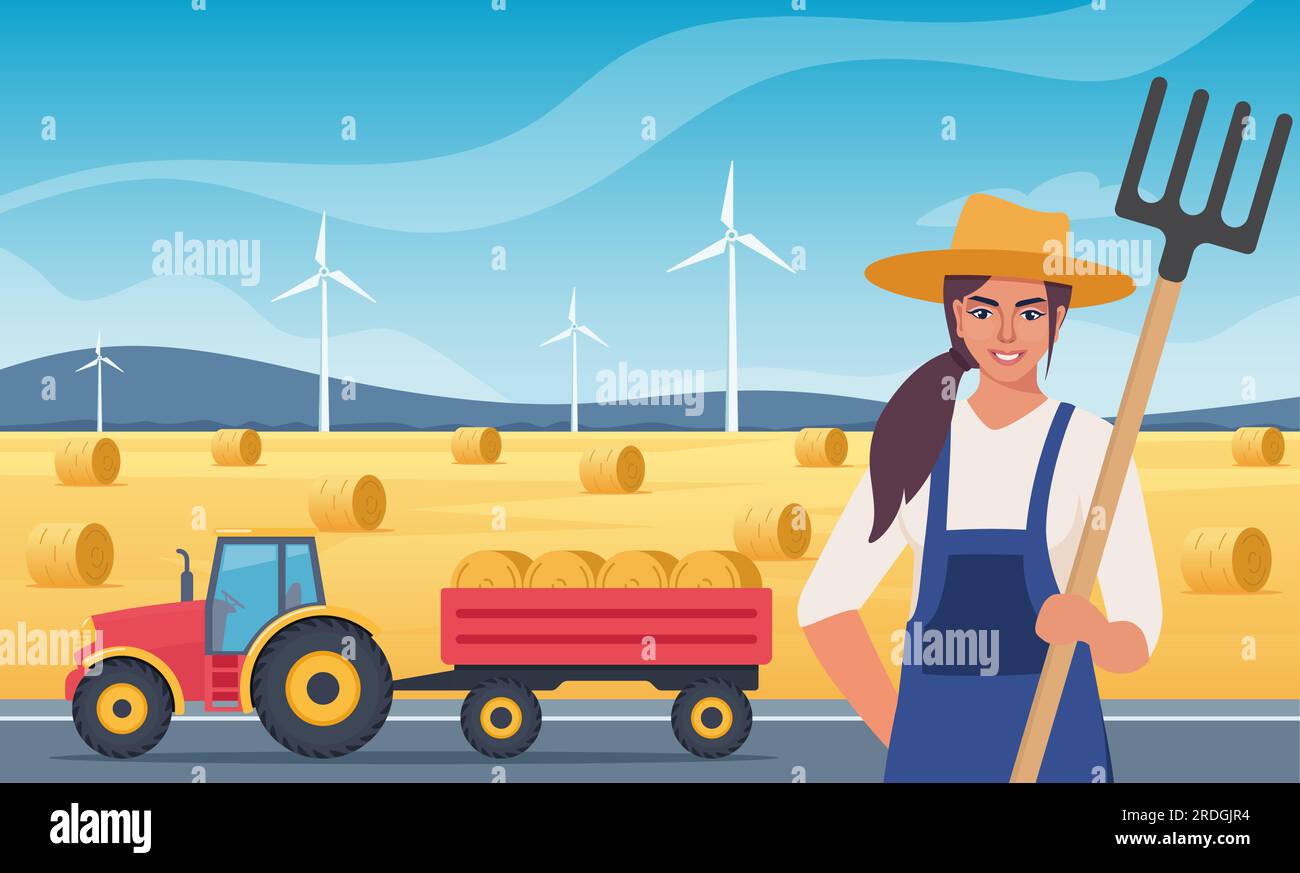 Farmer woman character with pitchfork near hayloft prepares hay in autumn. Tractor with hay bales in cart. Agricultural machinery. Vector Illustration Stock Vector