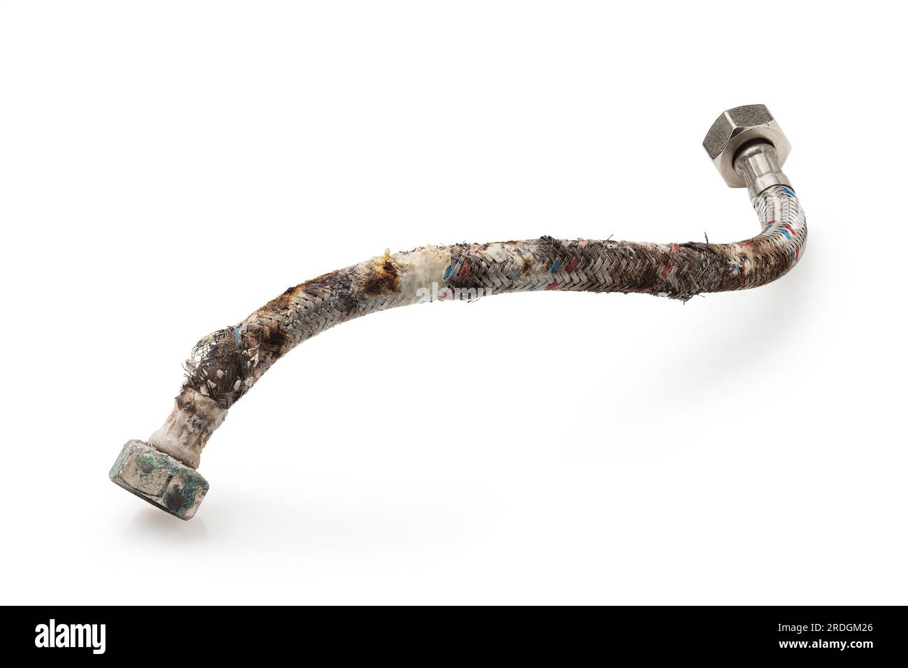 Damaged water hose with traces of corrosion, deformation of the protective layer and limescale isolated on a white background Stock Photo