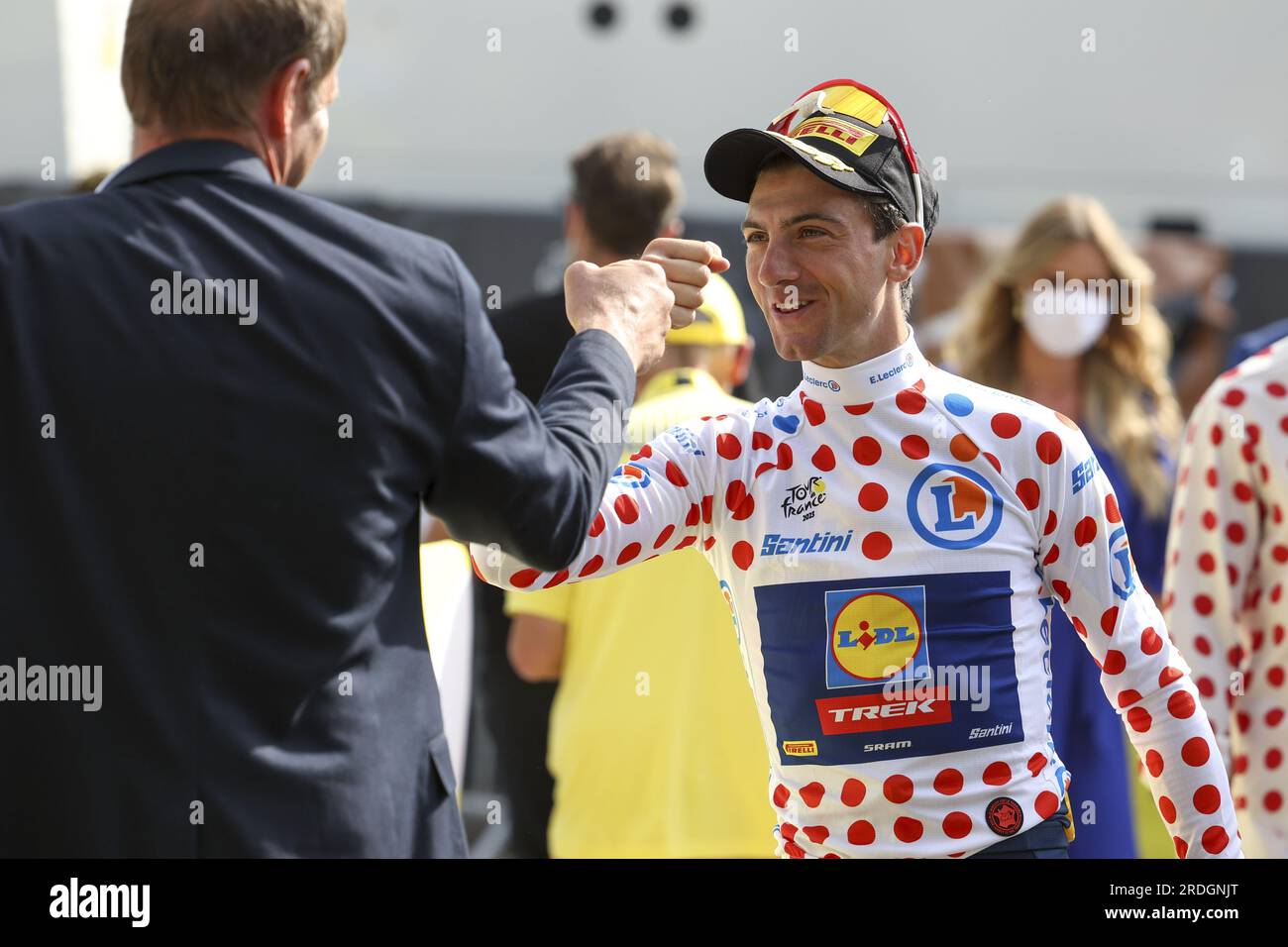 Poligny, France. 21st July, 2023. Italian Giulio Ciccone of Lidl-Trek and Christian Prudhomme, cycling director of ASO (Amaury Sport Organisation) pictured after stage 19 of the Tour de France cycling race from Moirans-en-Montagne to Poligny (172, 8 km), France, Friday 21 July 2023. This year's Tour de France takes place from 01 to 23 July 2023. BELGA PHOTO DAVID PINTENS Credit: Belga News Agency/Alamy Live News Stock Photo