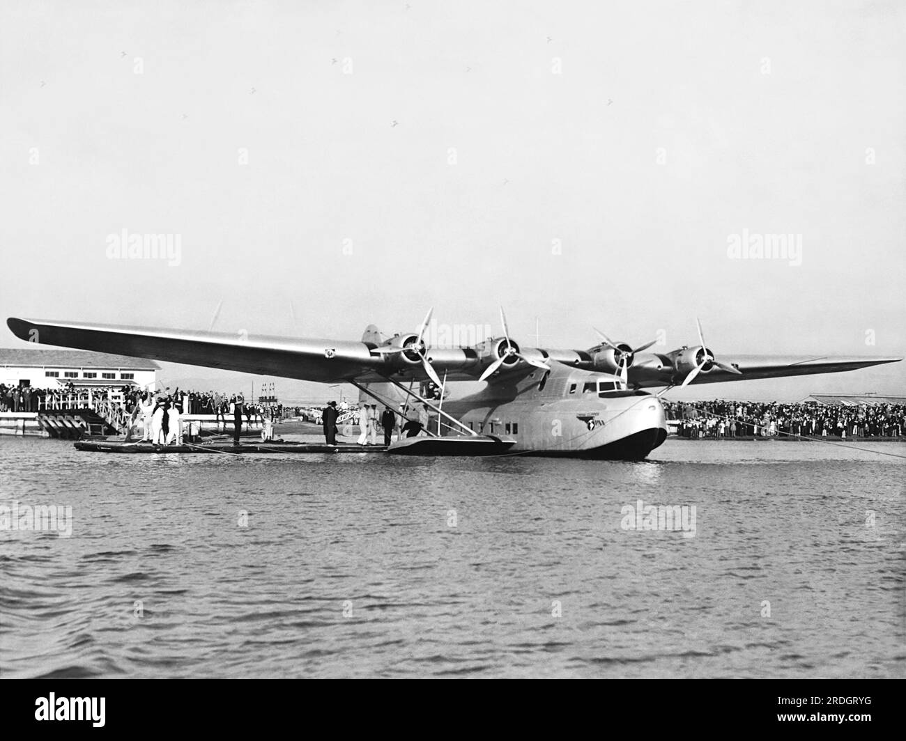 Alameda, California:  November 11, 1935 The newly arrived China Clipper seaplane which will make the inaugural flight of Pan American Airways' transpacific service to Manila. Stock Photo