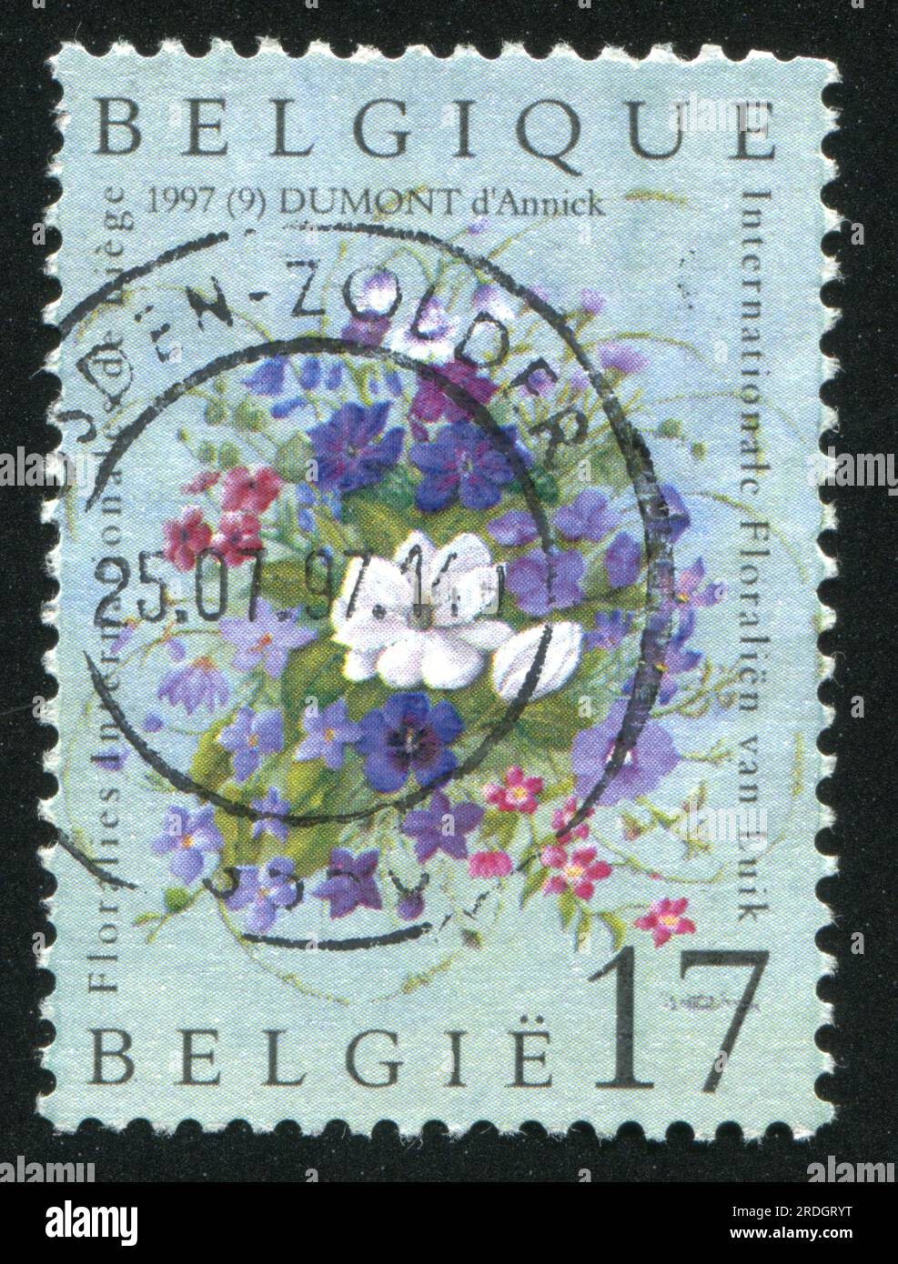 RUSSIA KALININGRAD, 26 OCTOBER 2015: stamp printed by Belgium, shows Flower Show, Liege, circa 1997 Stock Photo