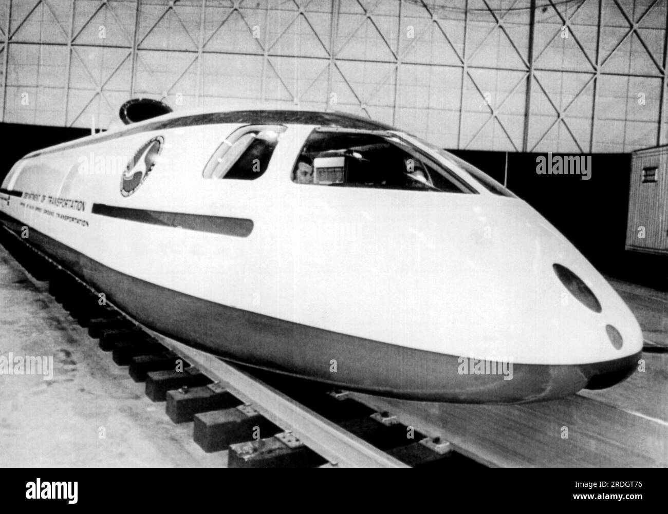 Los Angeles, California:  December 9, 1969 An ultra-streamlined test train built by the Garrett Corporation for the U.S. Dept. of Transportation. It is powered by a linear induction motor and is designed to operate at speeds up to 250 mph. Stock Photo