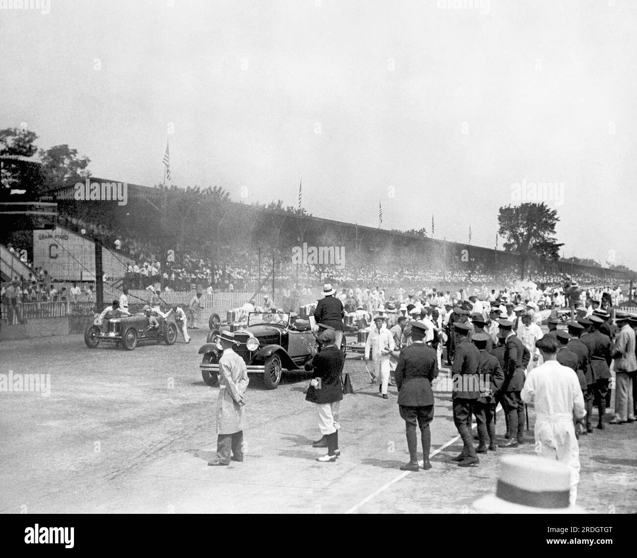 Indianapolis, Indiana:  May 31, 1929 Preparations before the start of the Indianapolis 500 auto race. Stock Photo