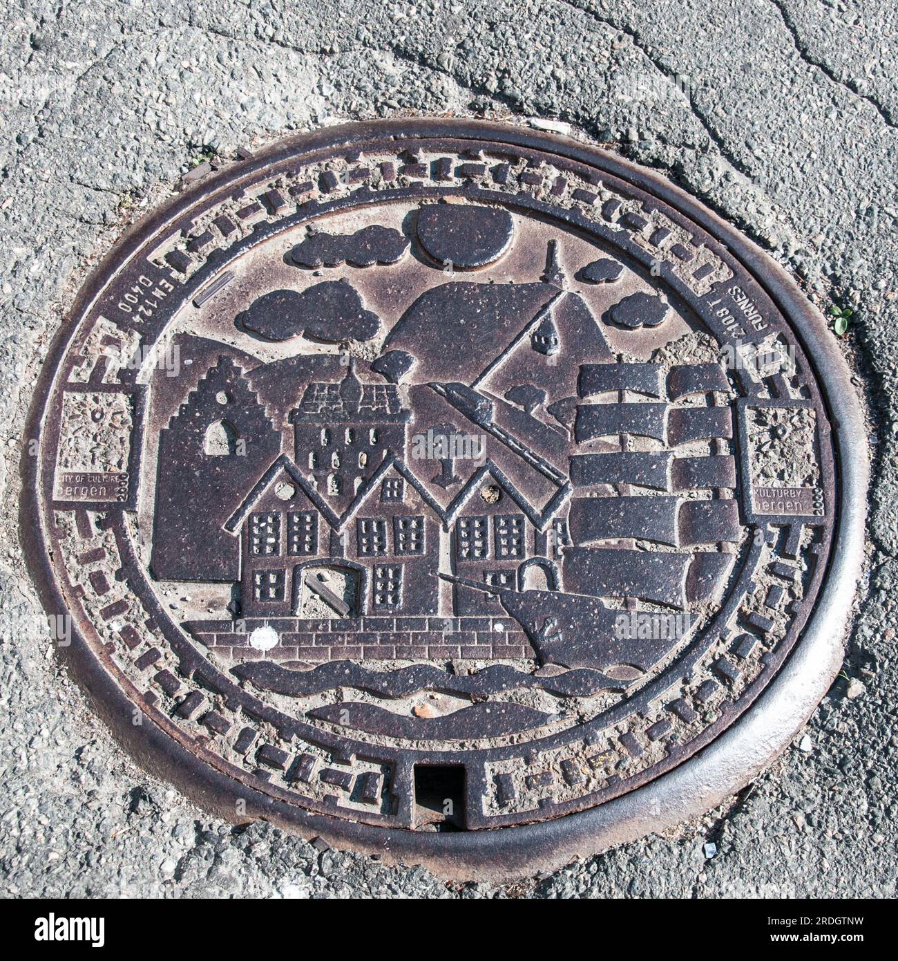 Around Bergen Elaborate manhole / inspection chamber cover Stock