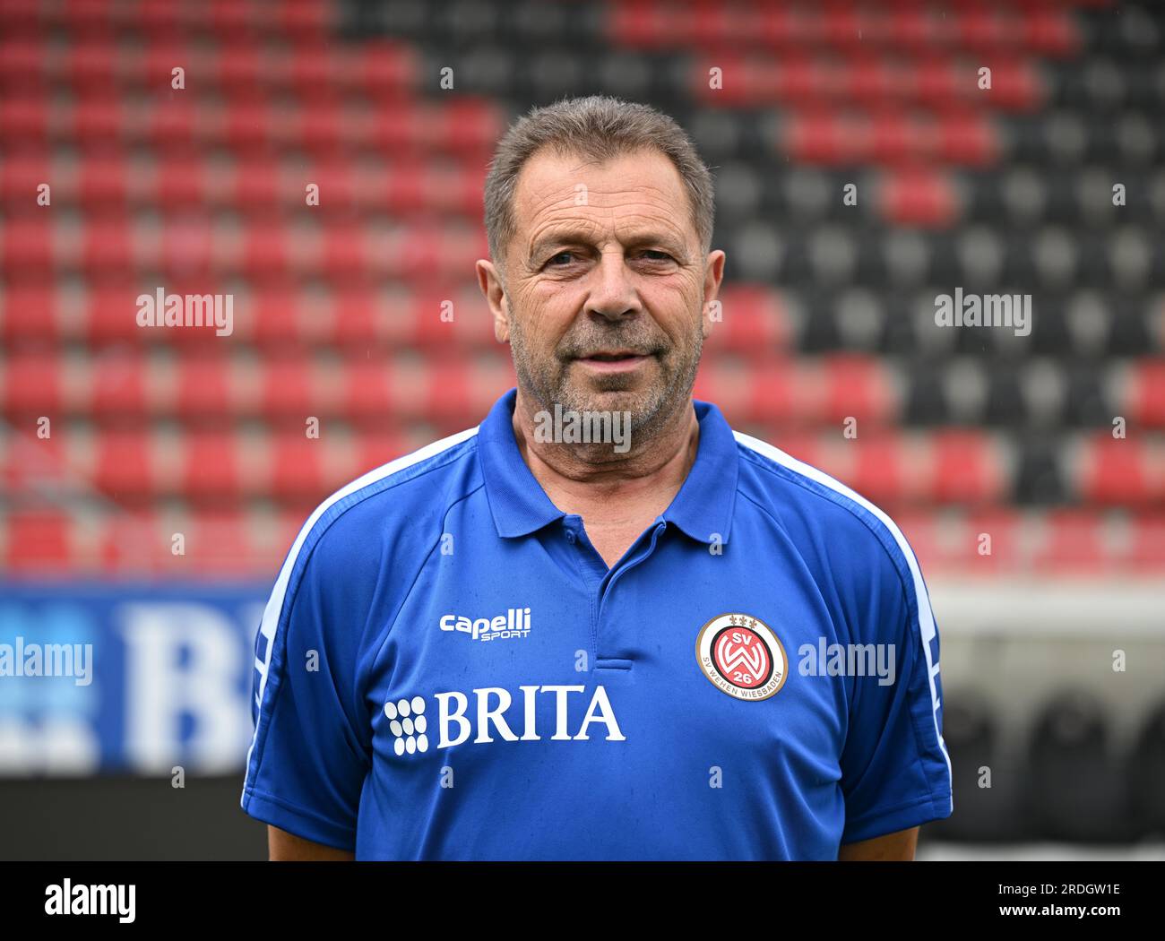 Wiesbaden, Germany. 21st July, 2023. Soccer, 2. Bundesliga, season 2023/24, photo session SV Wehen Wiesbaden in the Brita-Arena. Gerhard Eckl (coach). Credit: Arne Dedert/dpa - IMPORTANT NOTE: In accordance with the requirements of the DFL Deutsche Fußball Liga and the DFB Deutscher Fußball-Bund, it is prohibited to use or have used photographs taken in the stadium and/or of the match in the form of sequence pictures and/or video-like photo series./dpa/Alamy Live News Stock Photo