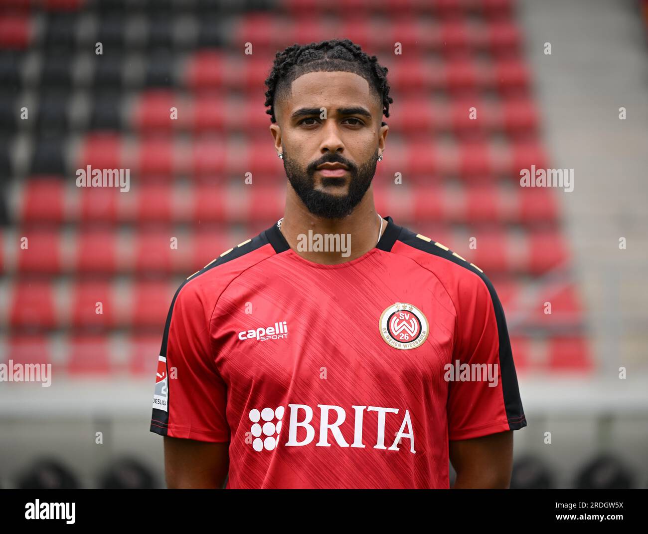Wiesbaden, Germany. 21st July, 2023. Soccer, 2. Bundesliga, 2023/24 season, SV Wehen Wiesbaden photo session at the Brita Arena. Keanan Bennetts (11). Credit: Arne Dedert/dpa - IMPORTANT NOTE: In accordance with the requirements of the DFL Deutsche Fußball Liga and the DFB Deutscher Fußball-Bund, it is prohibited to use or have used photographs taken in the stadium and/or of the match in the form of sequence pictures and/or video-like photo series./dpa/Alamy Live News Stock Photo