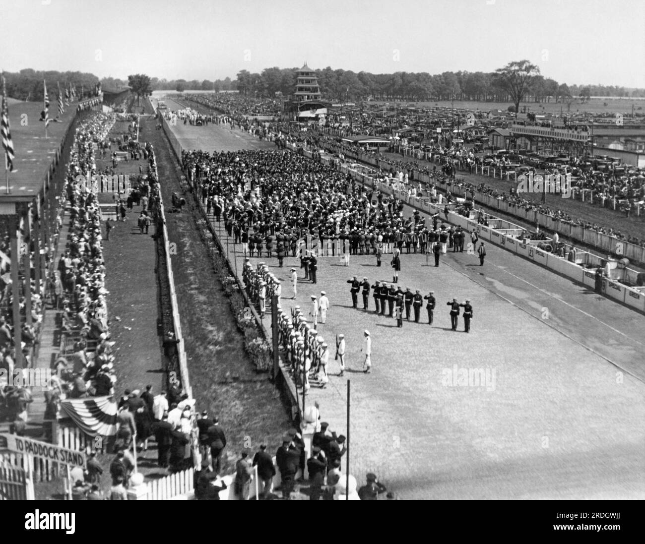 Indianapolis, Indiana:  May 30, 1928 A view of the crowd and ceremonies at the Indy 500 race today, won by Louis Meyer driving a Miller Special at 99.4 mph. Stock Photo