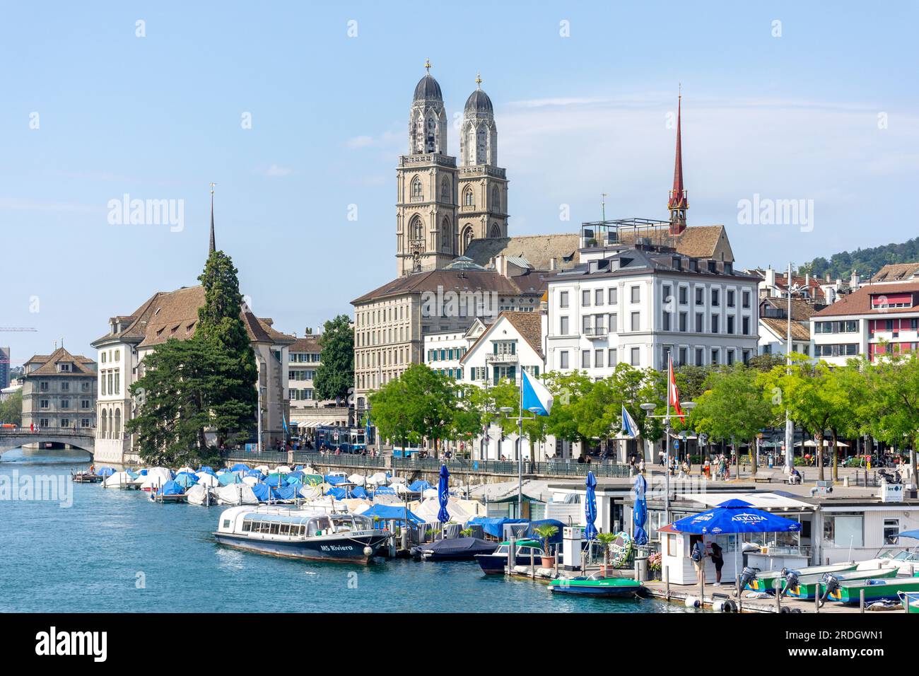 View of Die Altstadt (Old Town) and Grossmünster from Quaibrücke, City of Zürich, Zürich, Switzerland Stock Photo