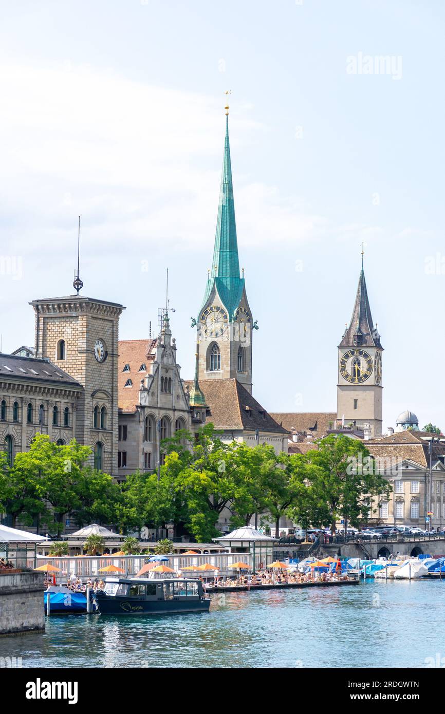 View of Die Altstadt (Old Town) and Frauenbad Stadthausquai (outdoor swimming pool) from Quaibrücke, City of Zürich, Zürich, Switzerland Stock Photo