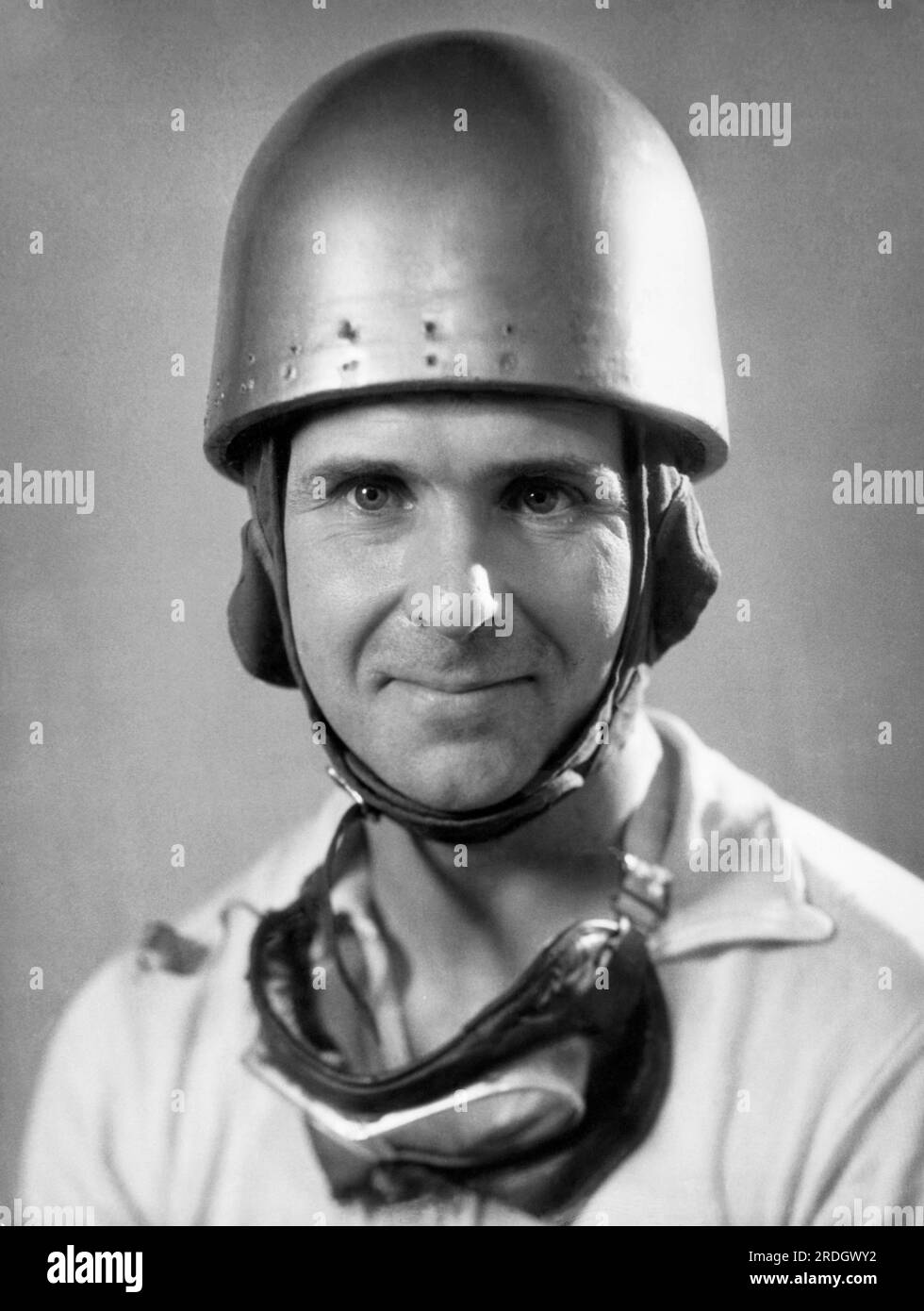 California:  c. 1938 West coast race car driver Bob Ware with his helmet and goggles. Stock Photo