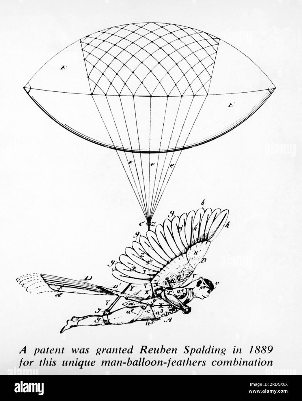 United States:   1889 A patent was granted to Reuben Spaulding for this unique man-balloon-feathers combination for flight. Stock Photo