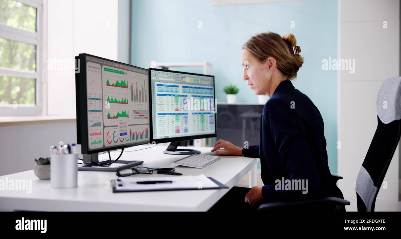 Financial Analyst Working With KPI Data On Computer Screen Stock Photo ...