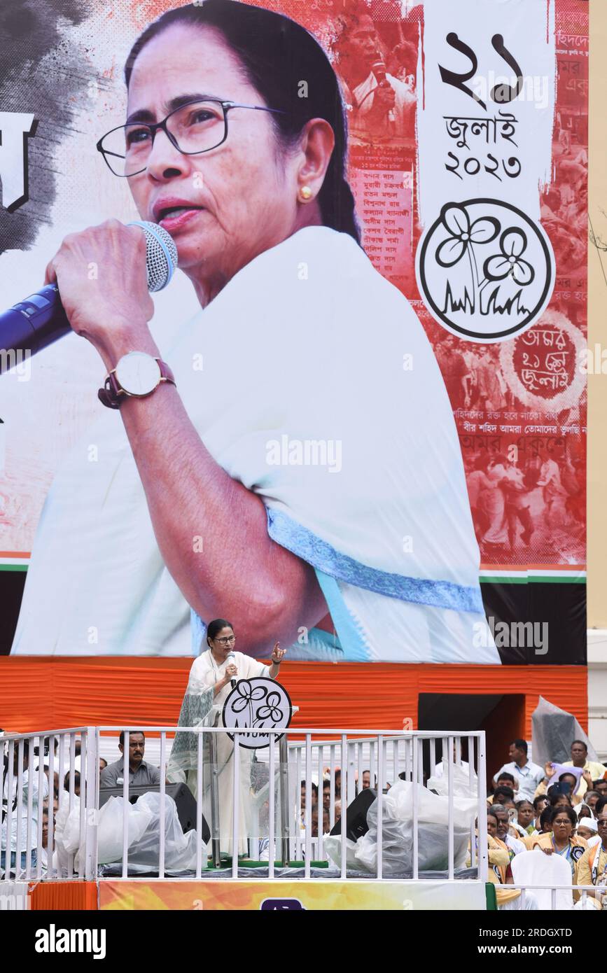 Kolkata, India. 21st July, 2023. July 21, 2023, Kolkata, India: Chief minister of India's West Bengal state and supremo of the Trinamool Congress (TMC) party Mamata Banerjee speaks during a mass meeting organised to mark the annual Martyr's Day. on July 21, 2023 in Kolkata, India. (Photo by Dipa Chakraborty/ Credit: Eyepix Group/Alamy Live News Stock Photo