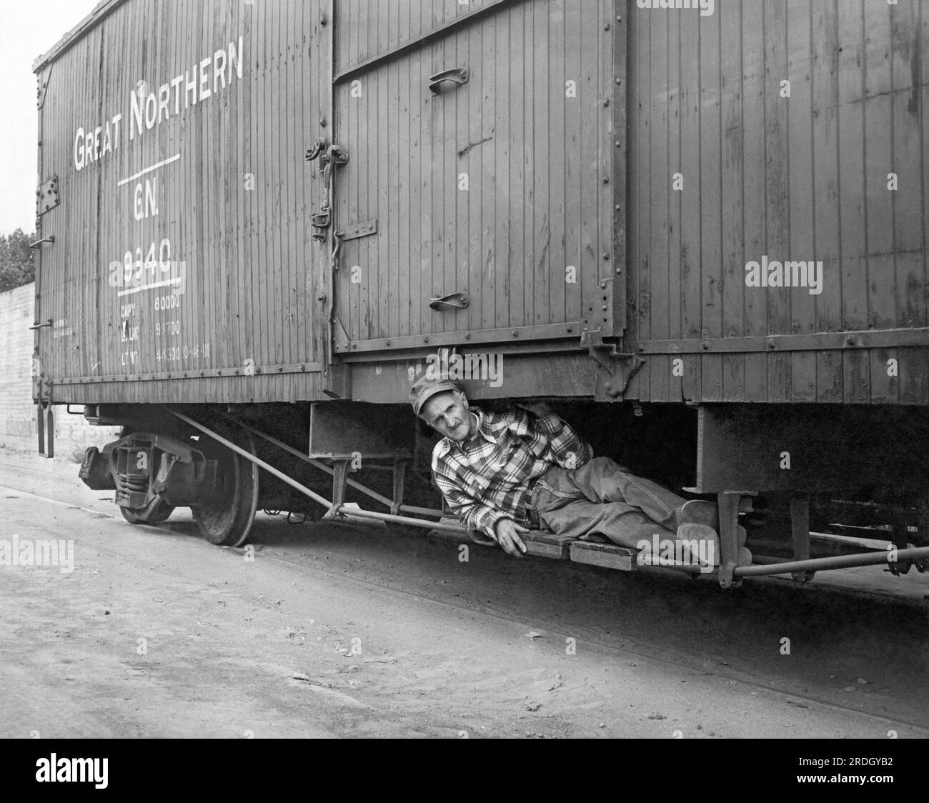 San Jose, California 1950 A railroad man demonstrates how hobos would