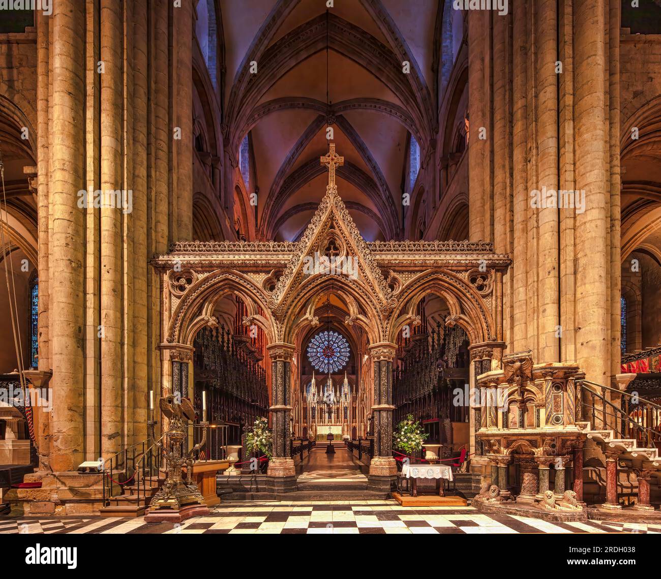 Internal view of Durham Cathedral at night looking towards the Quire