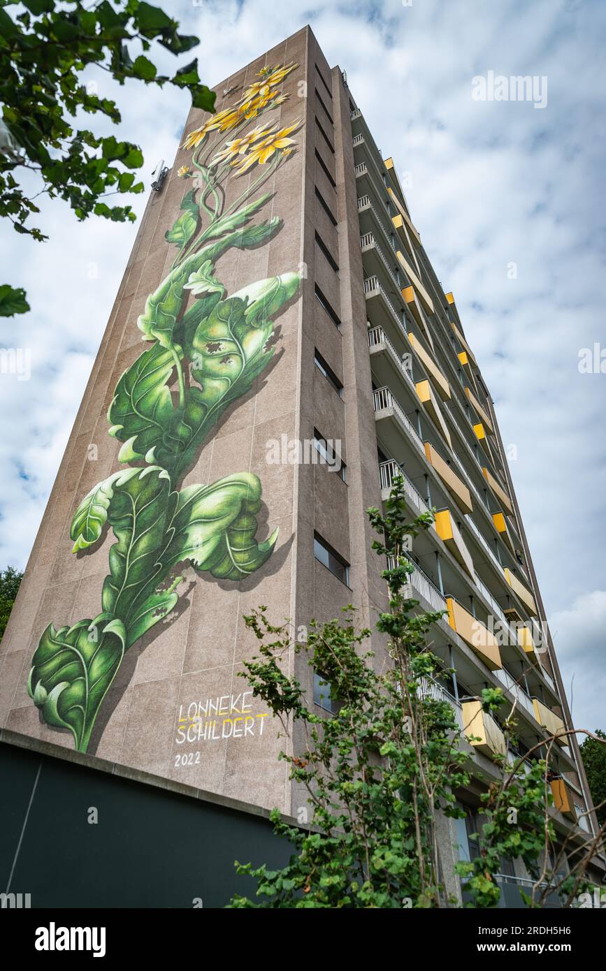 Zwolle, the Netherlands - July 21st 2023: The blind wall of the Lelieflat was decorated with this beautifull mural by Lonneke Schildert in 2022. Stock Photo