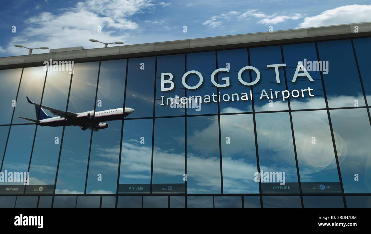 Aircraft Landing At Bogota Colombia 3D Rendering Illustration Arrival   Aircraft Landing At Bogota Colombia 3d Rendering Illustration Arrival In The City With The Glass Airport Terminal And Reflection Of Jet Plane Trave 2RDH7DM 