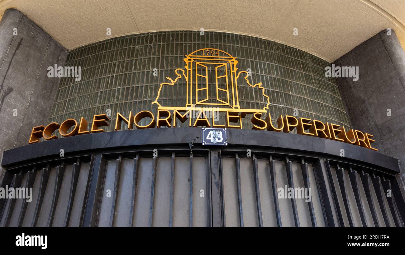 Sign above the entrance to the French prestigious Ecole Normale Supérieure (ENS), also known as Normale Sup' or Ulm Stock Photo