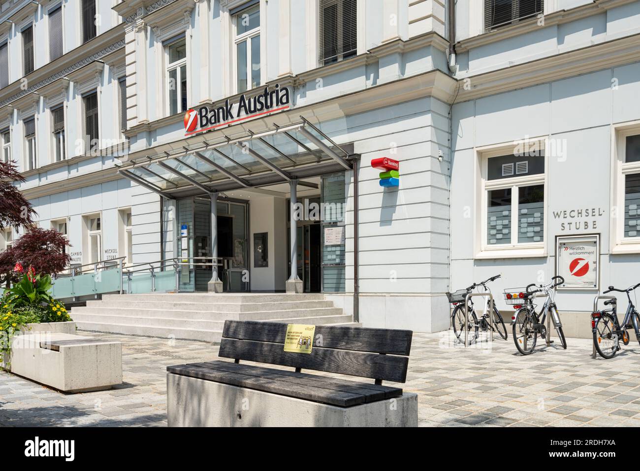 Villach, Austria. July 18 2023. exterior view of Bank Austria branch in the city center Stock Photo