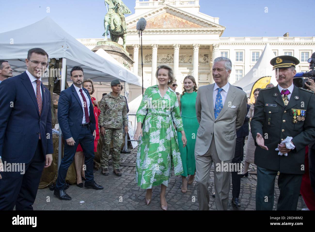Brussels, Belgium. 21st July, 2023. Queen Mathilde of Belgium, Crown Princess Elisabeth and King Philippe - Filip of Belgium pictured during a Royal Visit to the 'Fete au parc - Feest in het Park' celebrations on the Belgian National Day, Friday 21 July 2023 in the Parc de Bruxelles - Warandepark. BELGA PHOTO NICOLAS MAETERLINCK Credit: Belga News Agency/Alamy Live News Stock Photo