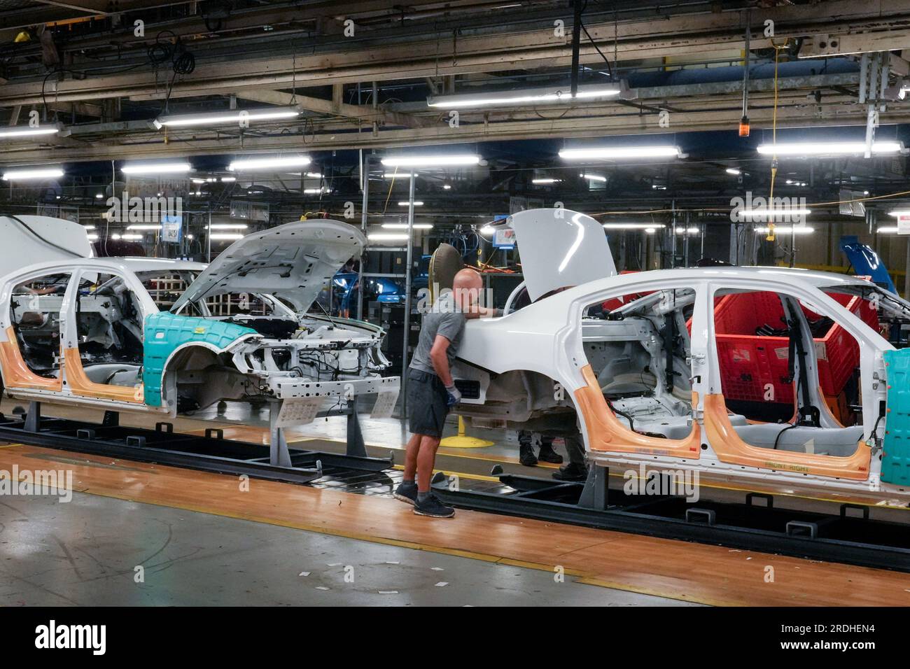 Brampton, Can. 21st July, 2023. Cars pass along the assembly line at