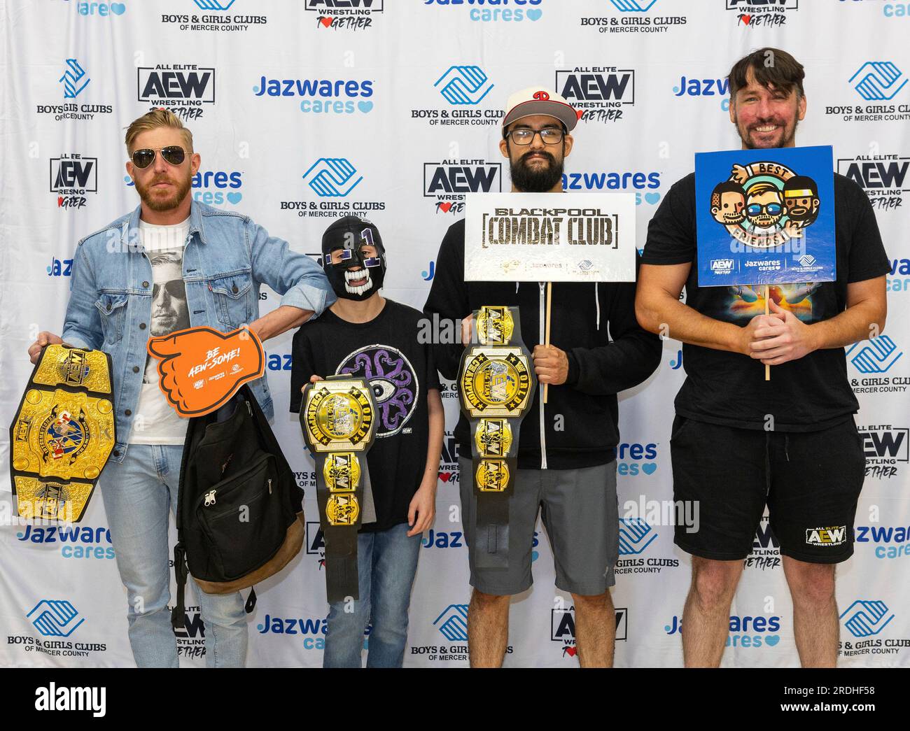 IMAGE DISTRIBUTED FOR JAZWARES, LLC – AEW talent, from left to right,  Orange Cassidy, Negative One, Wheeler Yuta, and Chuck Taylor pose at the  Jazwares Cares and AEW Together charity event at