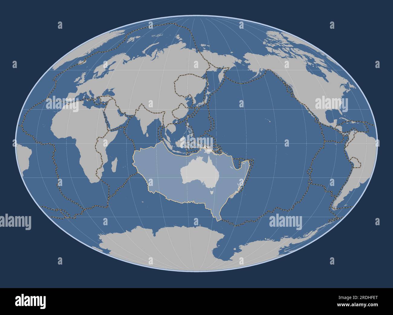 Australian tectonic plate on the solid contour map in the Fahey projection centered meridionally