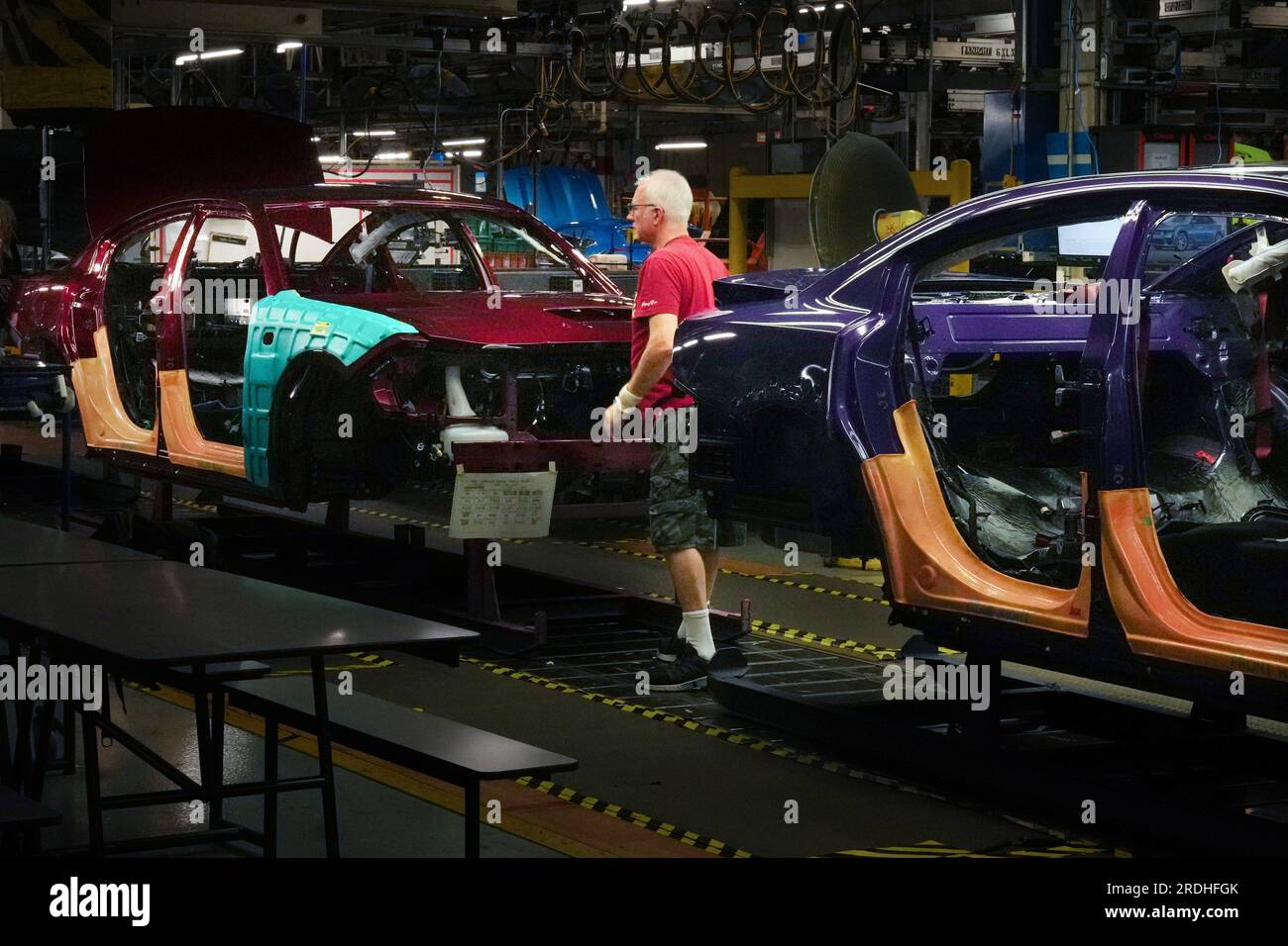Brampton, Can. 21st July, 2023. Cars pass along the assembly line at