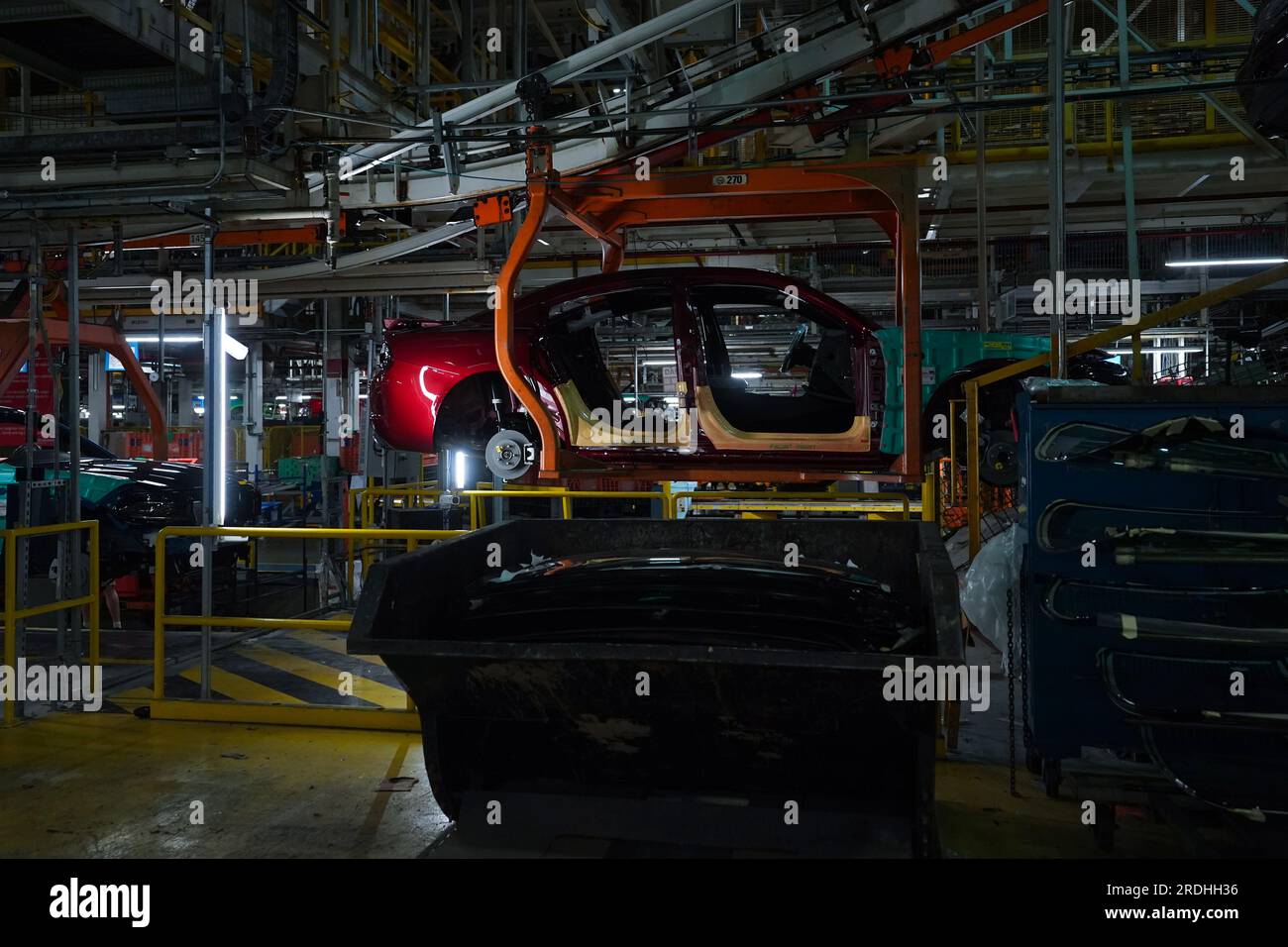 Brampton, Can. 21st July, 2023. Cars pass along the assembly line at